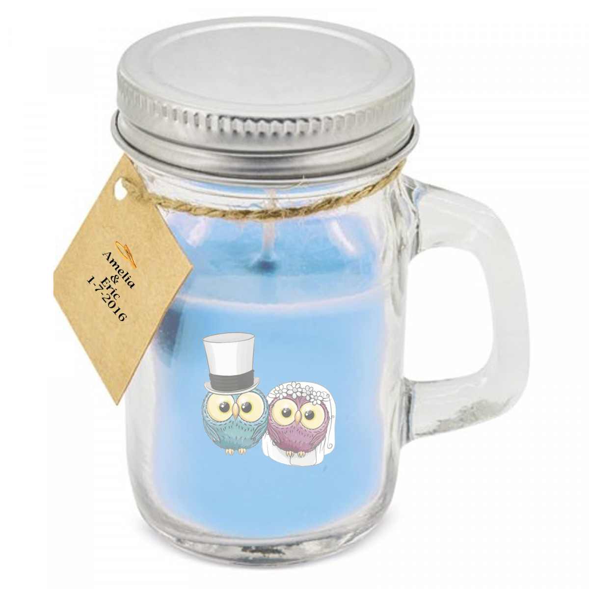 Vela em pote de vidro azul com adesivo personalizado e decoração de casamento