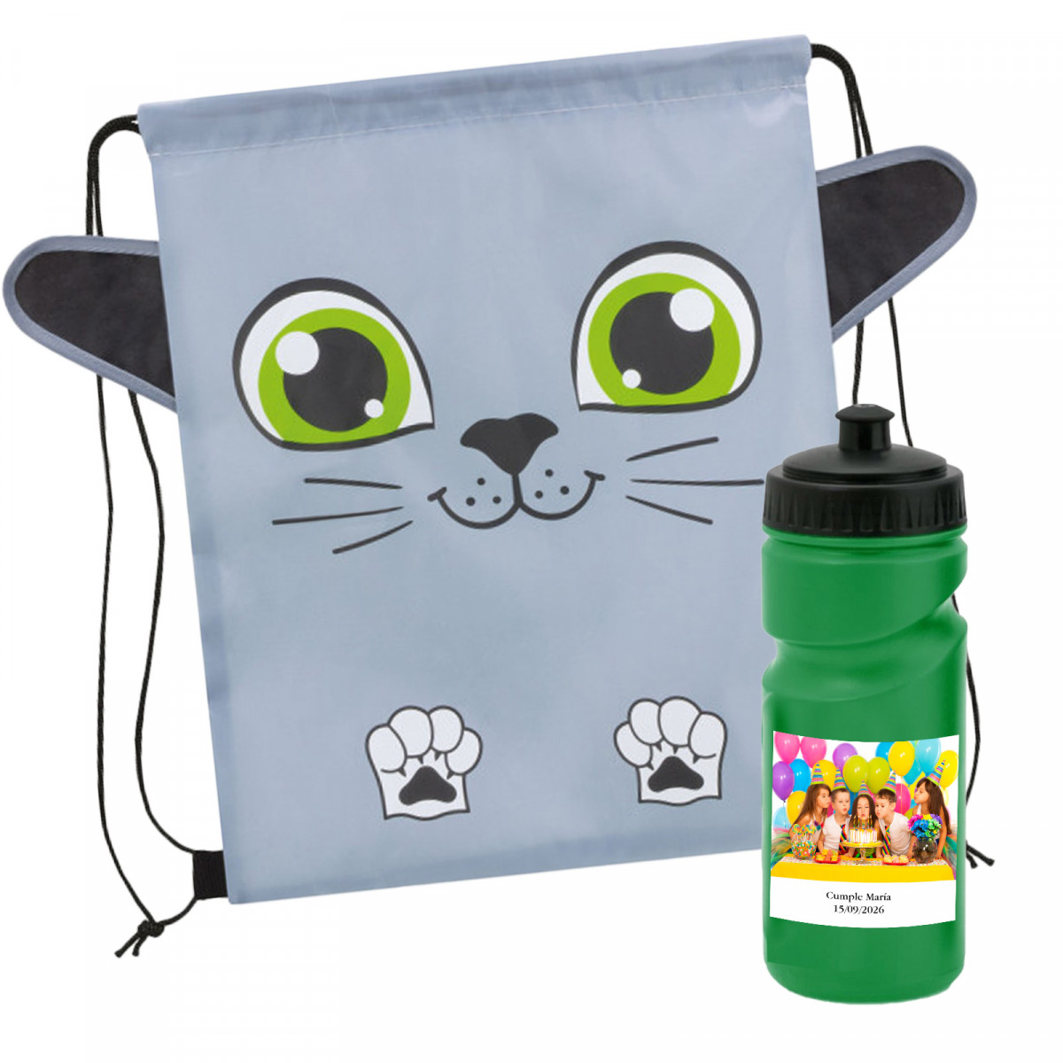 Mochila em formato de gato com garrafa de água e adesivo personalizado