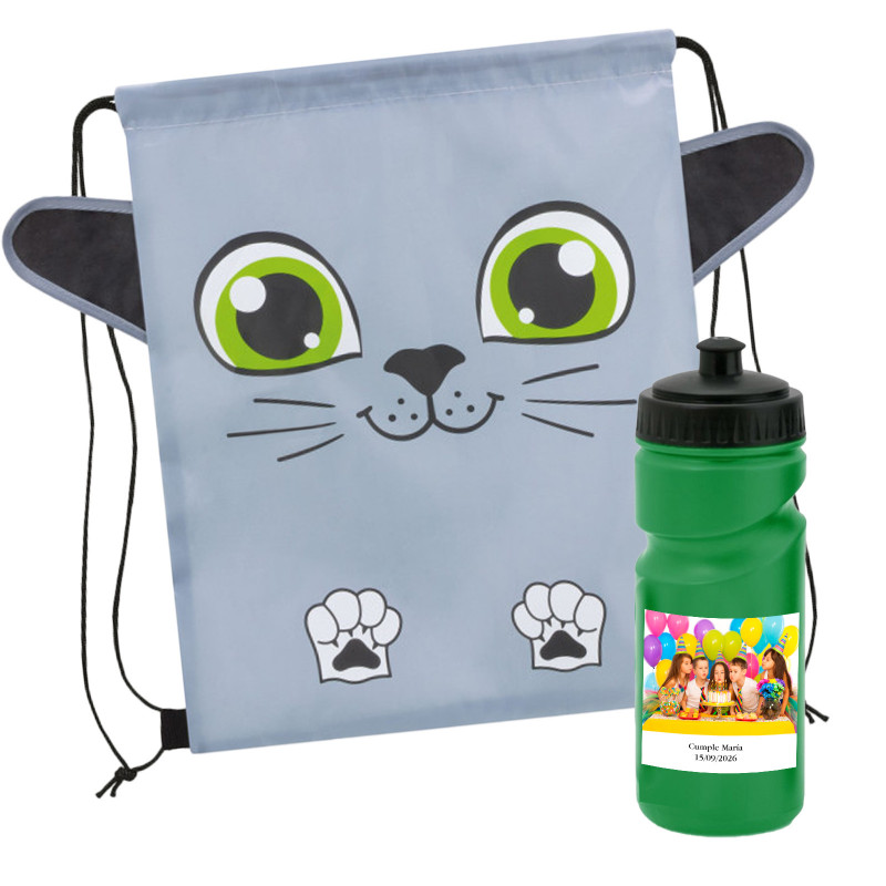 Mochila em formato de gato com garrafa de água e adesivo personalizado
