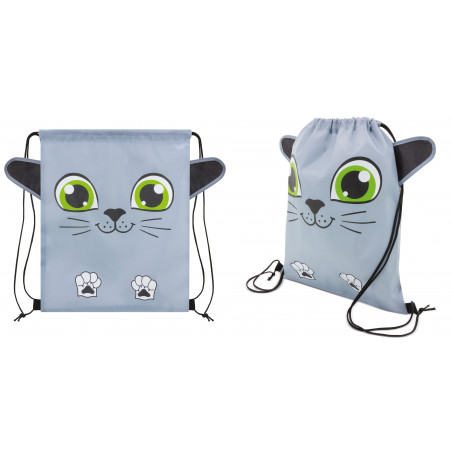 Mochila em formato de gato com garrafa de água e adesivo personalizado