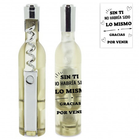 Saca-rolhas em forma de garrafa de vinho com frase de agradecimento