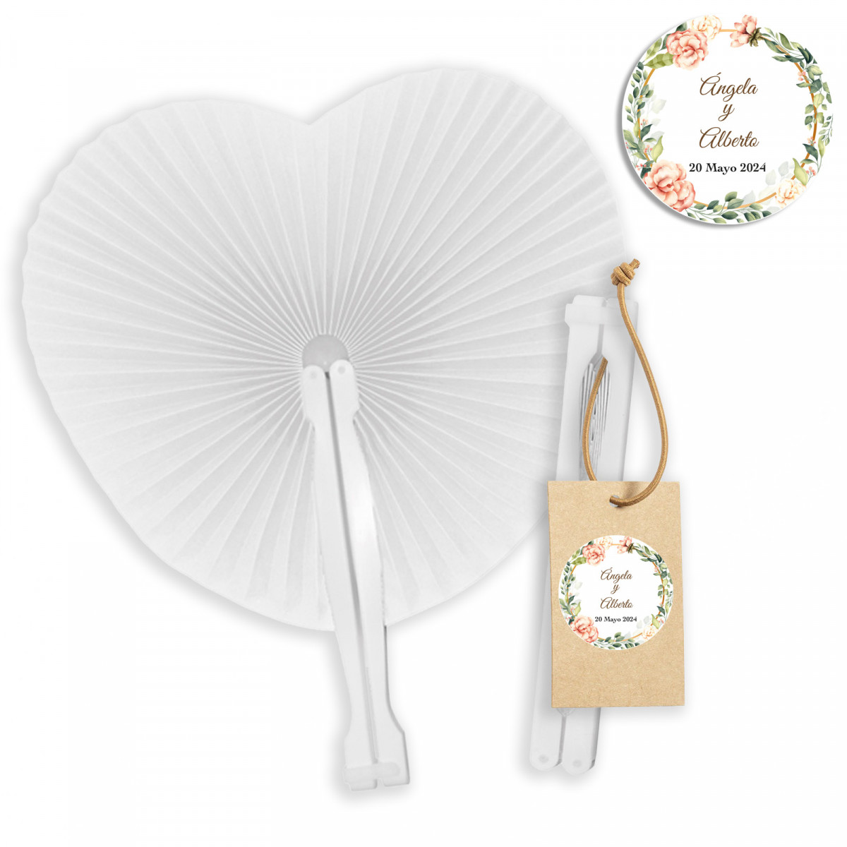 Leque branco em formato de coração com tag personalizada para casamentos e eventos
