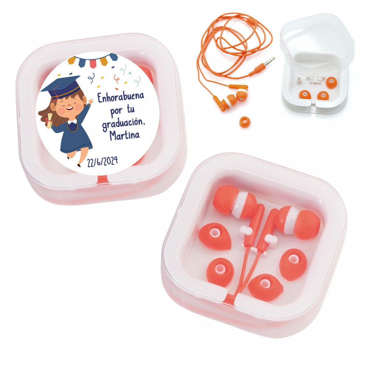 Fones de ouvido vermelhos em estojo personalizado com adesivo para formatura de menina