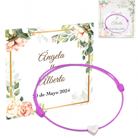 Pulseira coração rosa com fio em cartão personalizado