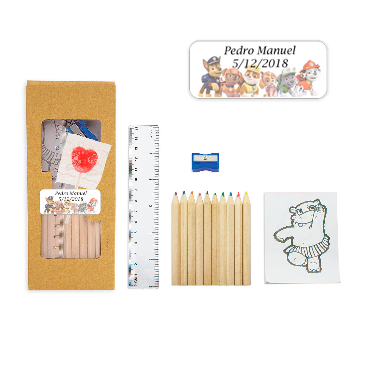 Conjunto para colorir com pirulito e adesivo da Patrulha Canina personalizado para detalhes de eventos