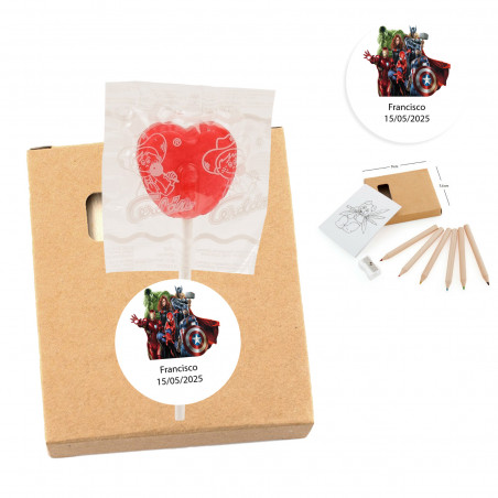 Conjunto de colorir e pirulito dos Vingadores com adesivo personalizado