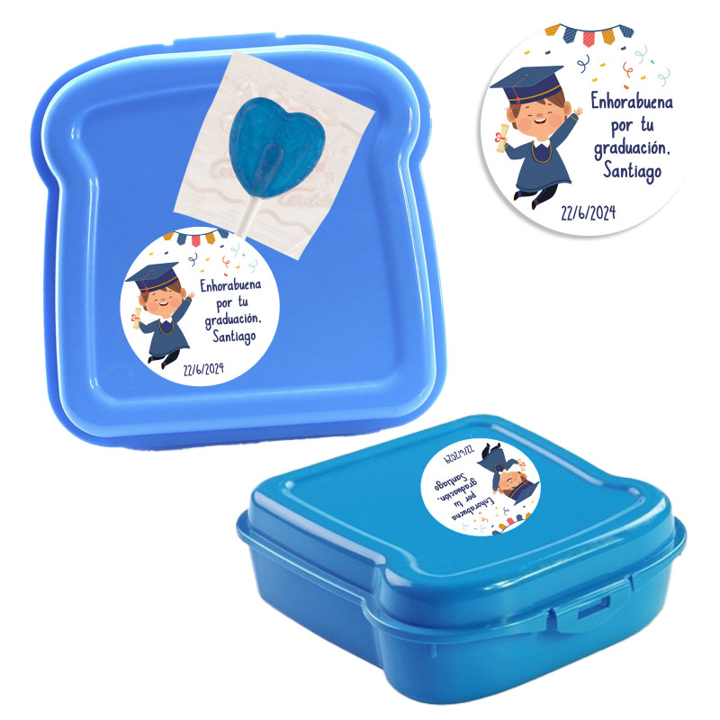 Lancheira sanduíche com pirulito de coração e adesivo de formatura personalizado para menino