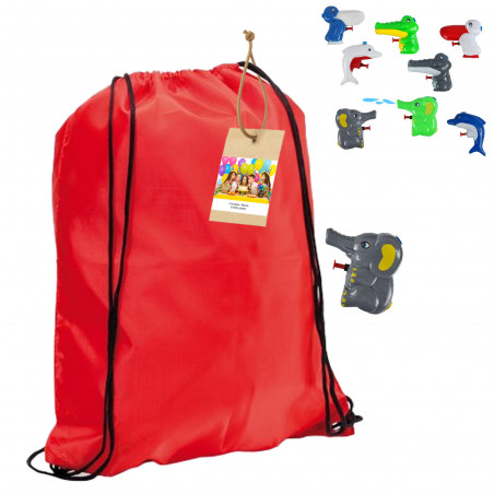 Mochila com cordão vermelho e pistola de água animal com etiqueta de foto personalizada