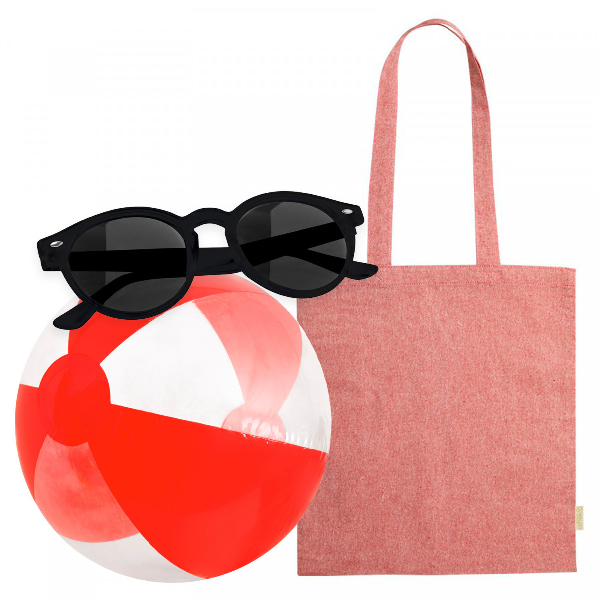 Óculos de sol com bolsa de tecido e bola de praia