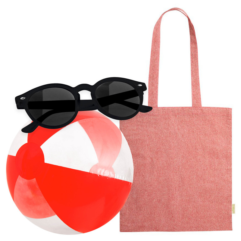 Óculos de sol com bolsa de tecido e bola de praia