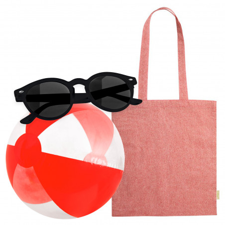 Óculos de sol com bolsa de tecido e bola de praia