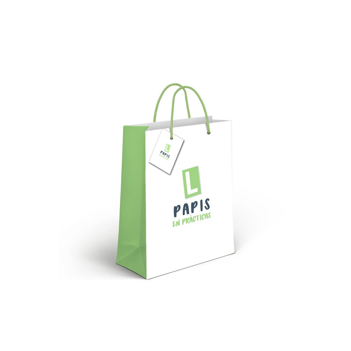 Bolsa de papel média com mensagem "papais em prática"