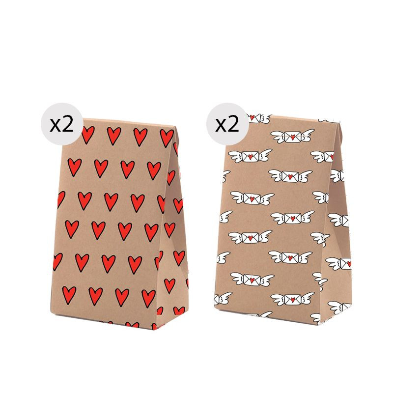 Conjunto de 4 sacos de presente kraft tamanho S com estampa divertida e romântica