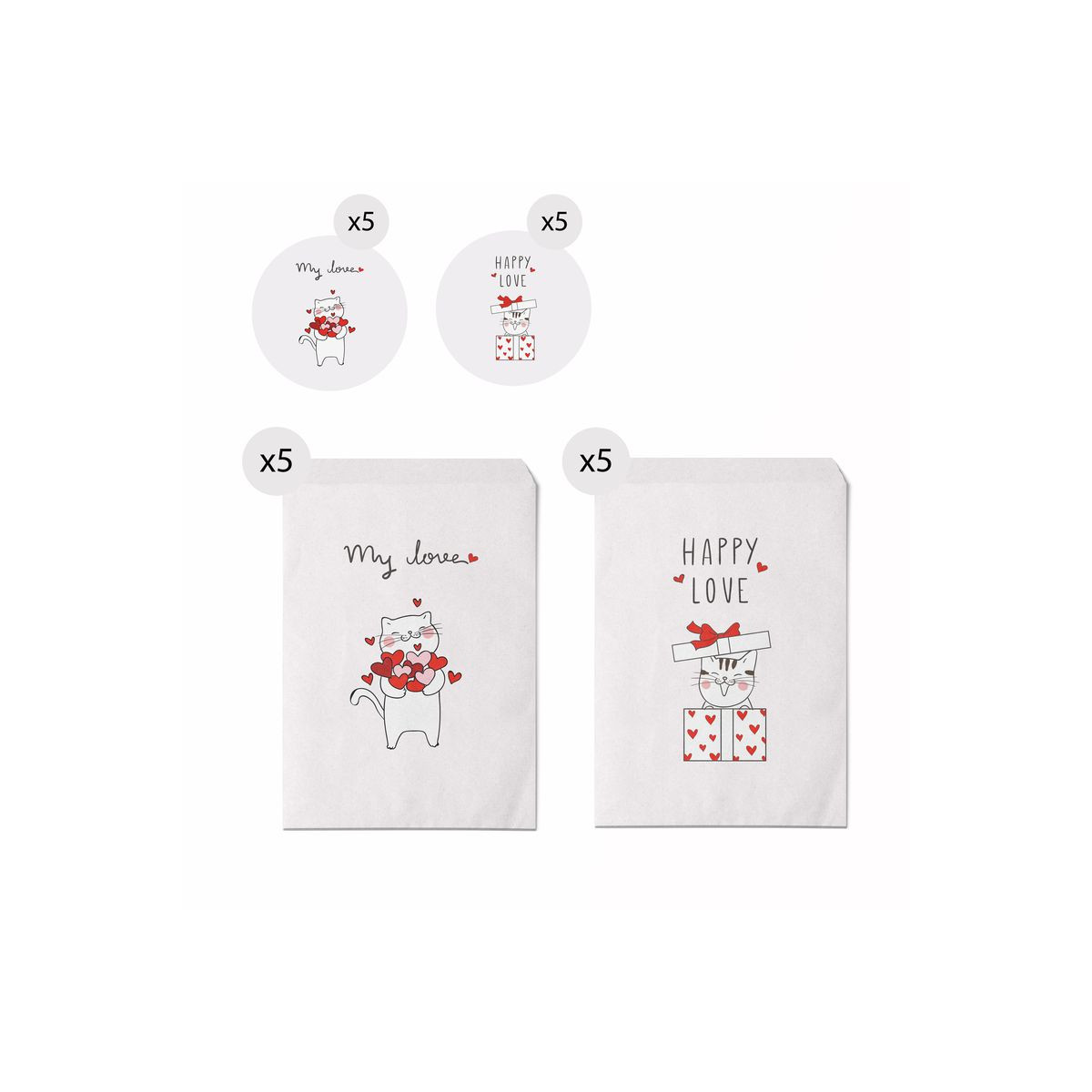 Conjunto de 10 envelopes tamanho 13x16 de gatinhos com mensagens de amor