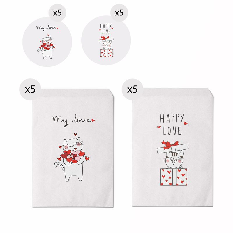 Conjunto de 10 envelopes tamanho 13x16 de gatinhos com mensagens de amor