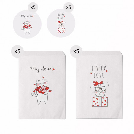 Conjunto de 10 envelopes tamanho 13x16 de gatinhos com mensagens de amor