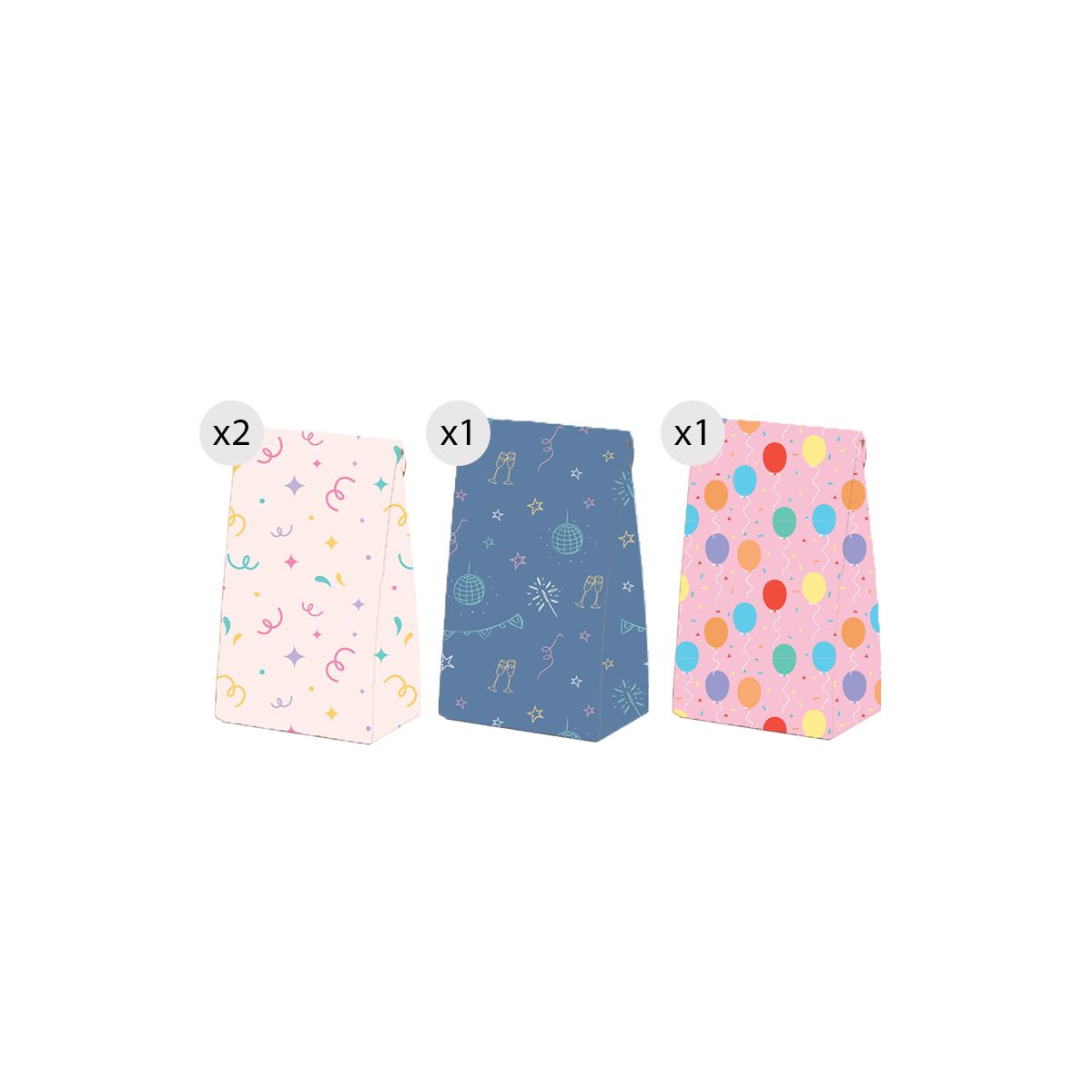 Conjunto de 4 sacolas de papel com estampas divertidas