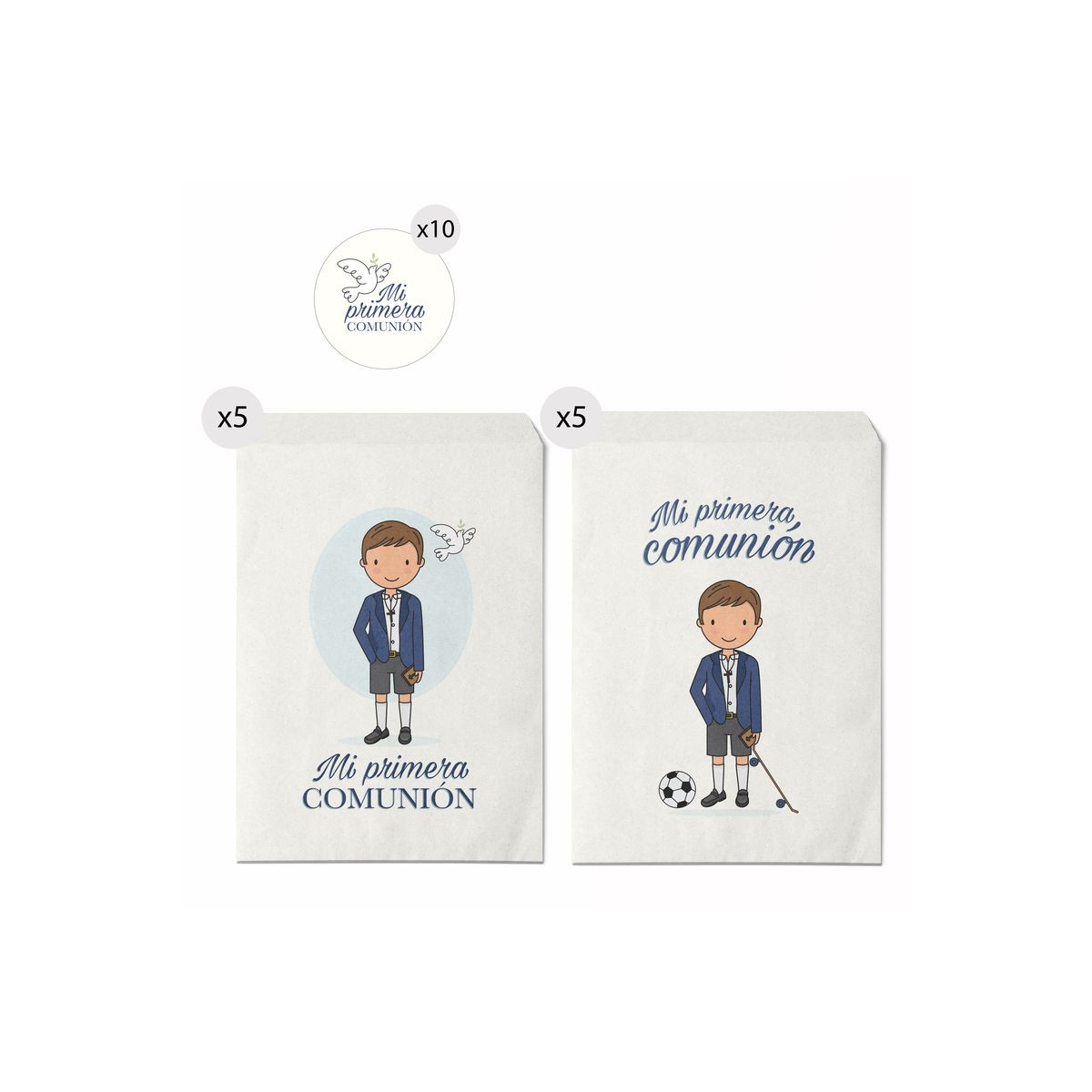 Conjunto de 10 envelopes de papel 16x24 com adesivos de comunhão de menino