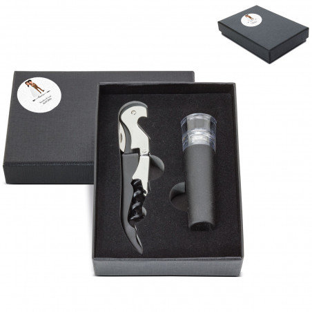 Rolha de vinho com bomba de vácuo e abridor de garrafas apresentado em caixa preta com adesivo de casamento personalizado.