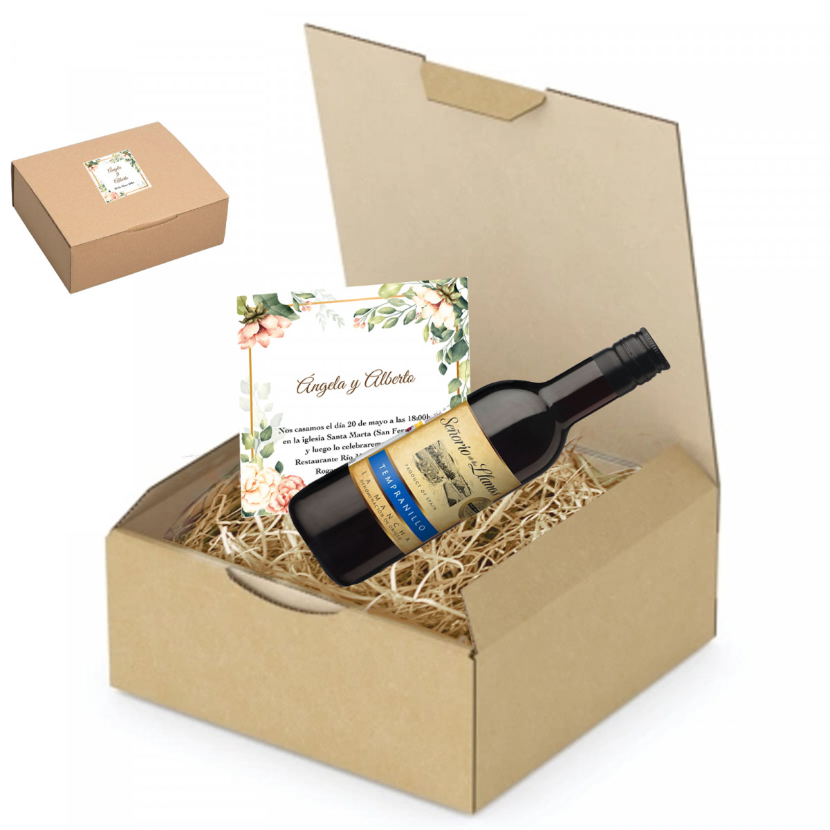 Garrafão de vinho com cartão personalizado em caixa de apresentação