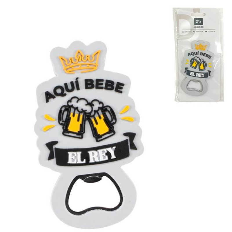 Abridor com frase "Aqui bebe o rei" para detalhes
