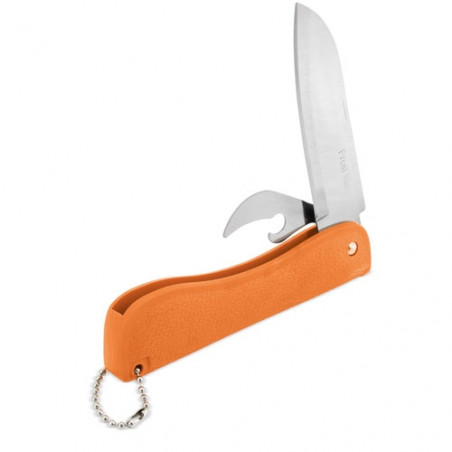 Faca multiuso com lâmina de metal e cabo de plástico laranja para pendurar