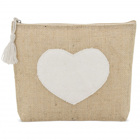 Necessaire de juta com coração de tecido e pompom na cor natural