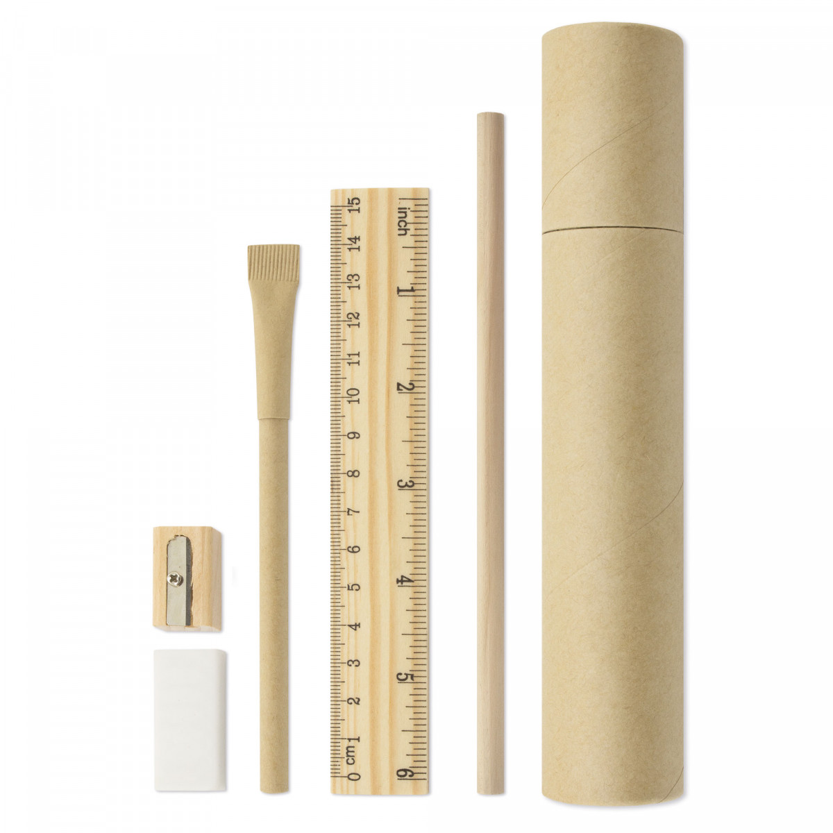 Conjunto de escrita ecológica feito de papelão e madeira, material escolar e de escritório