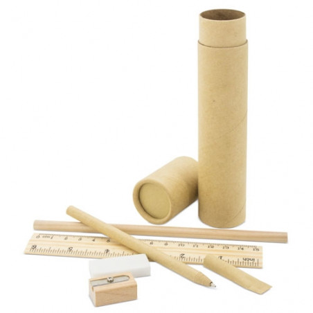 Conjunto de escrita ecológica feito de papelão e madeira, material escolar e de escritório