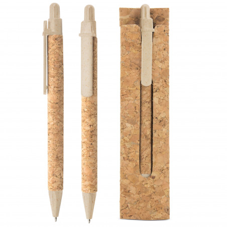 Caneta de cortiça e fibra de trigo com estojo de cortiça para presentear