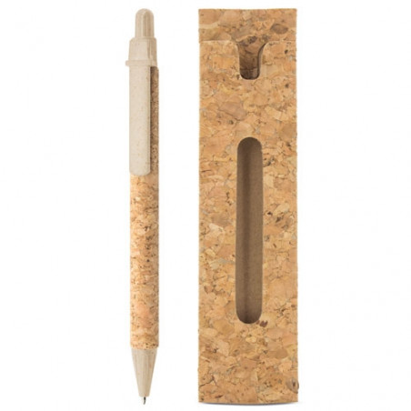 Caneta de cortiça e fibra de trigo com estojo de cortiça para presentear