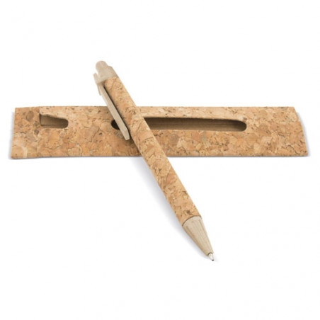 Caneta de cortiça e fibra de trigo com estojo de cortiça para presentear