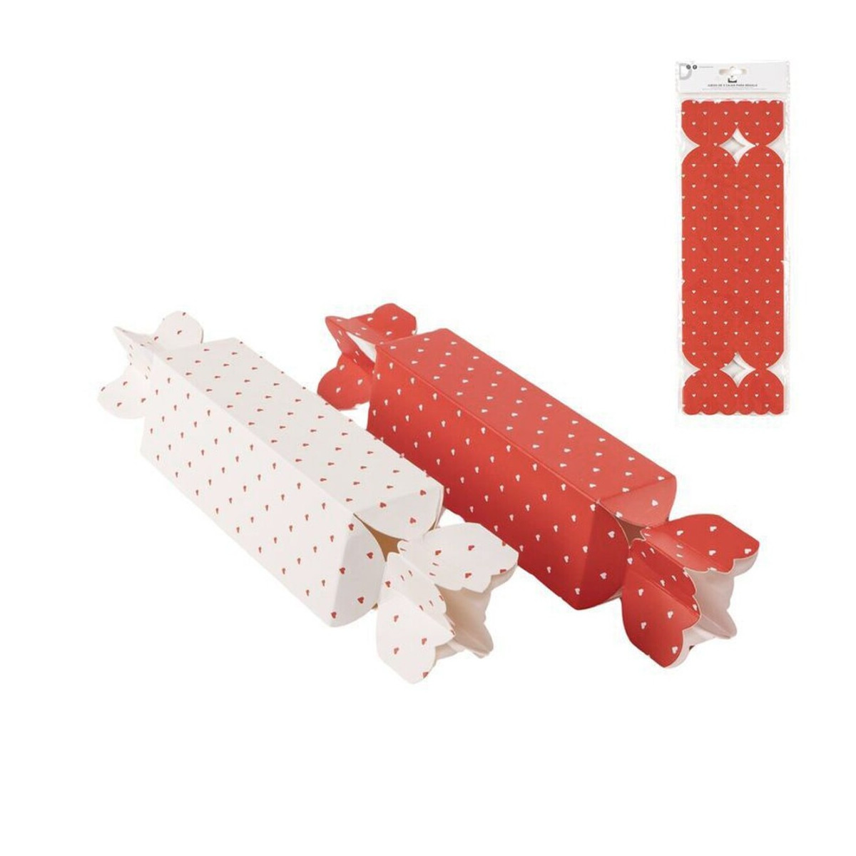 Conjunto de 3 caixas em forma de caramelo com design de corações