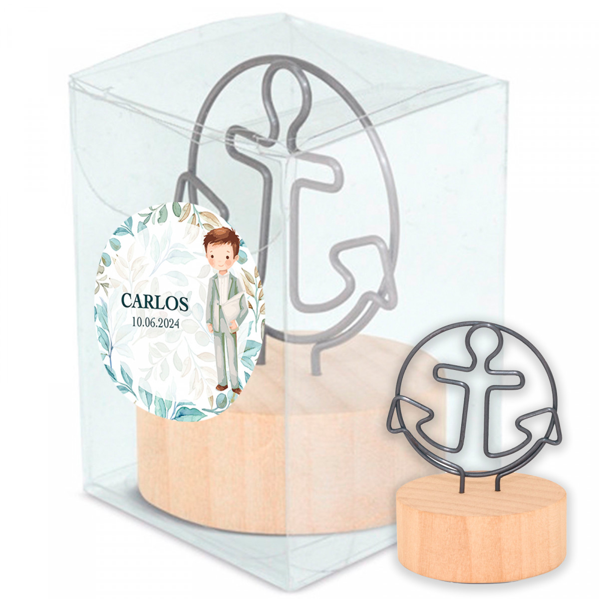 Clipe com suporte de madeira em caixa personalizada para lembrancinhas de comunhão