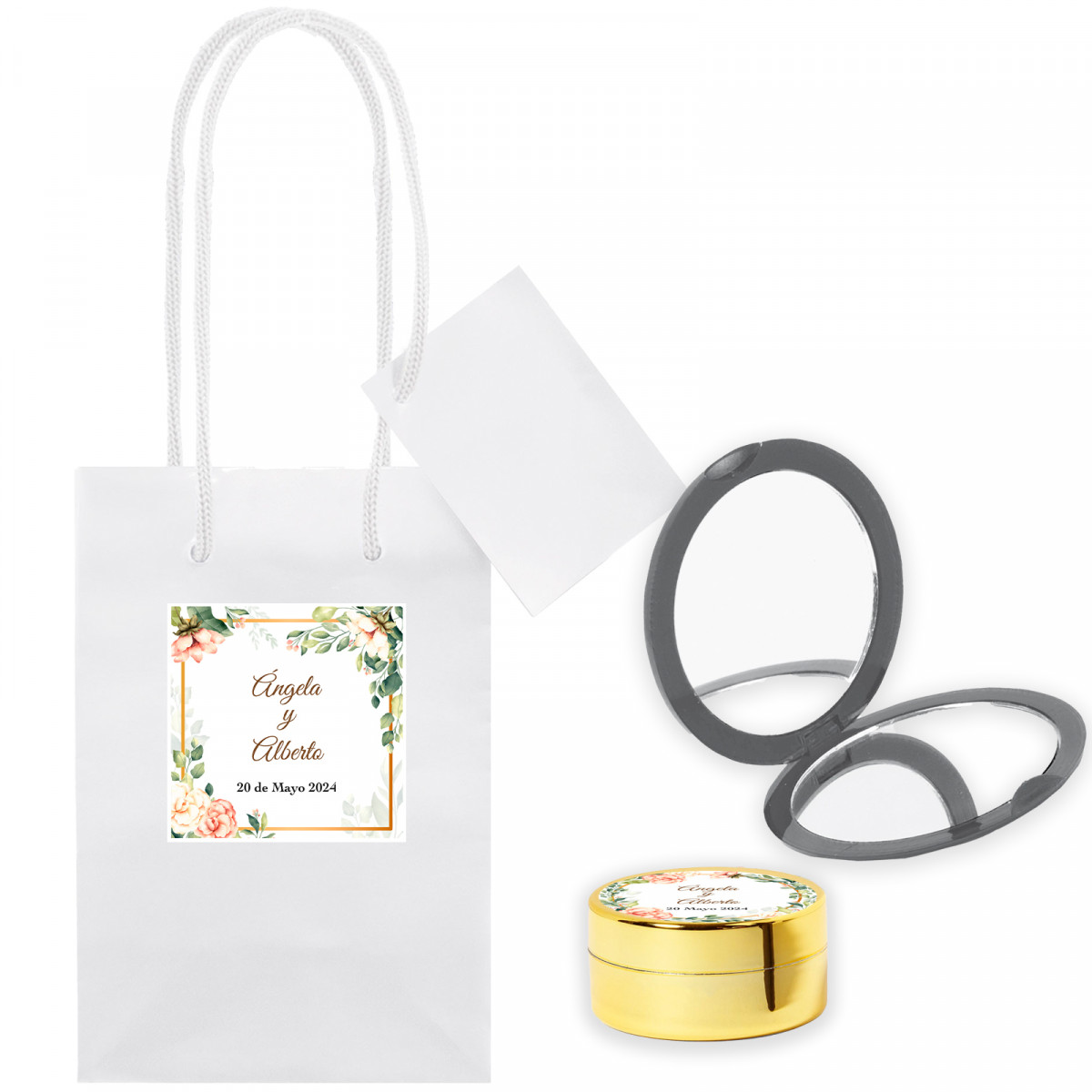 Protetor labial personalizado com espelho apresentado em uma bolsa personalizada para lembrancinhas de casamento