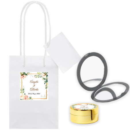 Protetor labial personalizado com espelho apresentado em uma bolsa personalizada para lembrancinhas de casamento