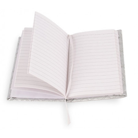 Caderno com capa em cor prata metalizada com corações