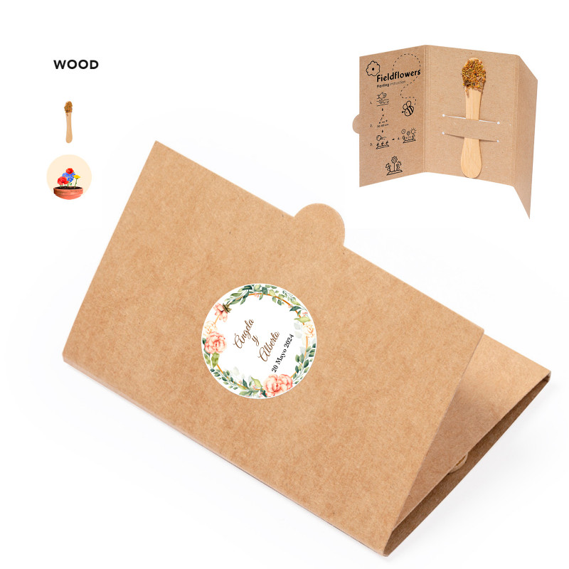 Sementes de flores silvestres em palitos com adesivo personalizado para detalhes