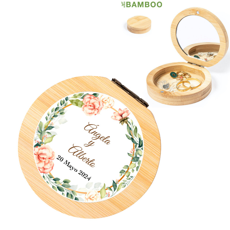 Caixa de bambu com adesivo personalizado para detalhes de casamento