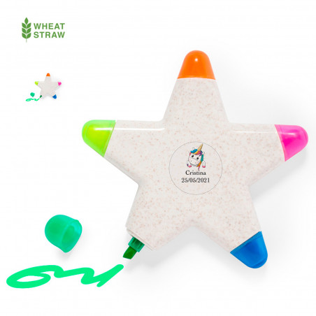 Marcador fluorescente em formato de estrela com adesivo personalizado para detalhes