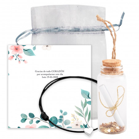 Pulseira de cordão de garrafa de desejos com pingente e cartão de agradecimento em bolsa de presente de organza