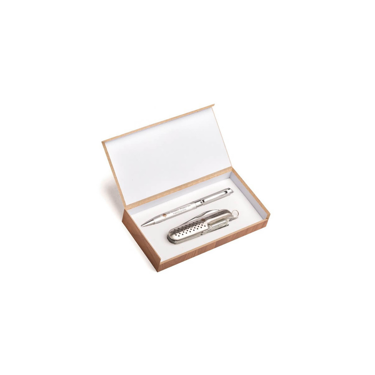 Faca e caneta personalizadas em caixa de madeira para presentes de empresa no Natal