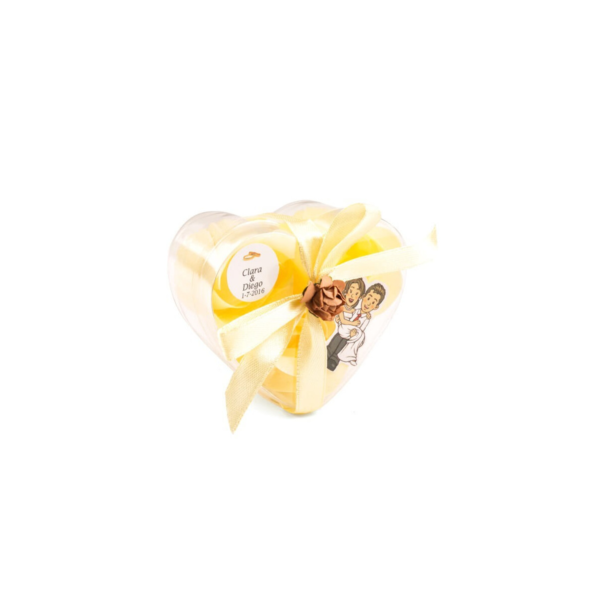 Sabonetes de casamento personalizados em formato de rosas com adesivos para noivos