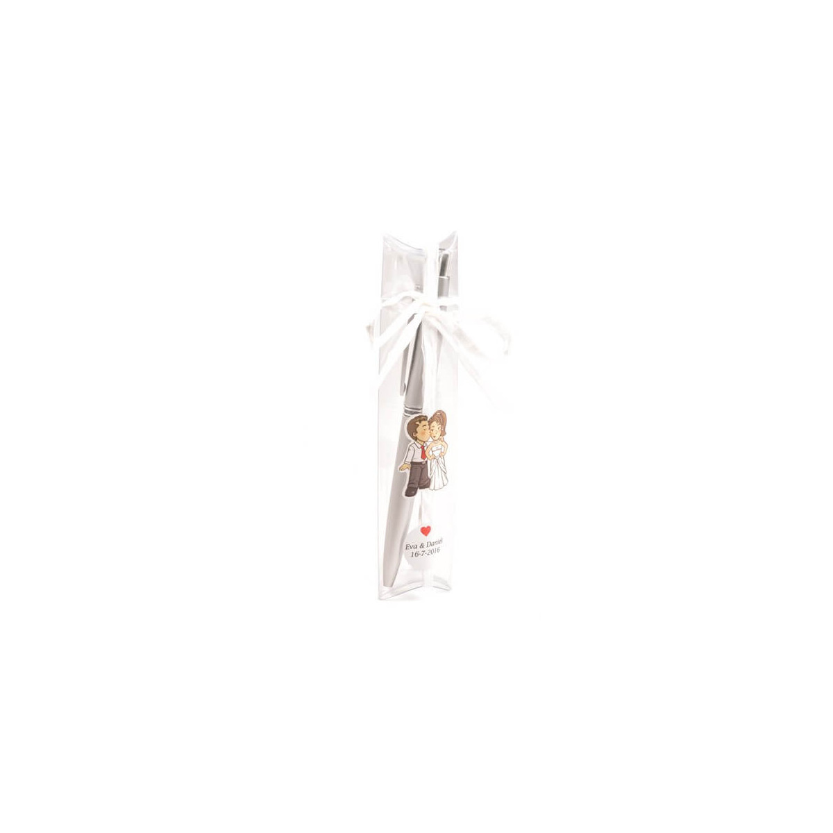 Caneta de acetato personalizada com adesivo e decoração dos noivos