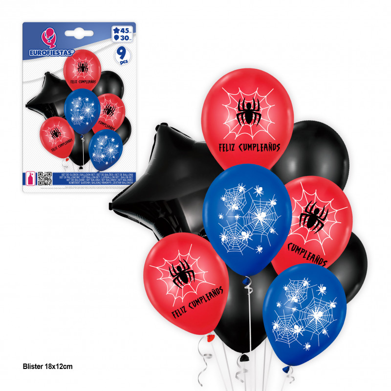 Balões de aniversário 9 unidades com motivos Aranha em vermelho, azul e preto