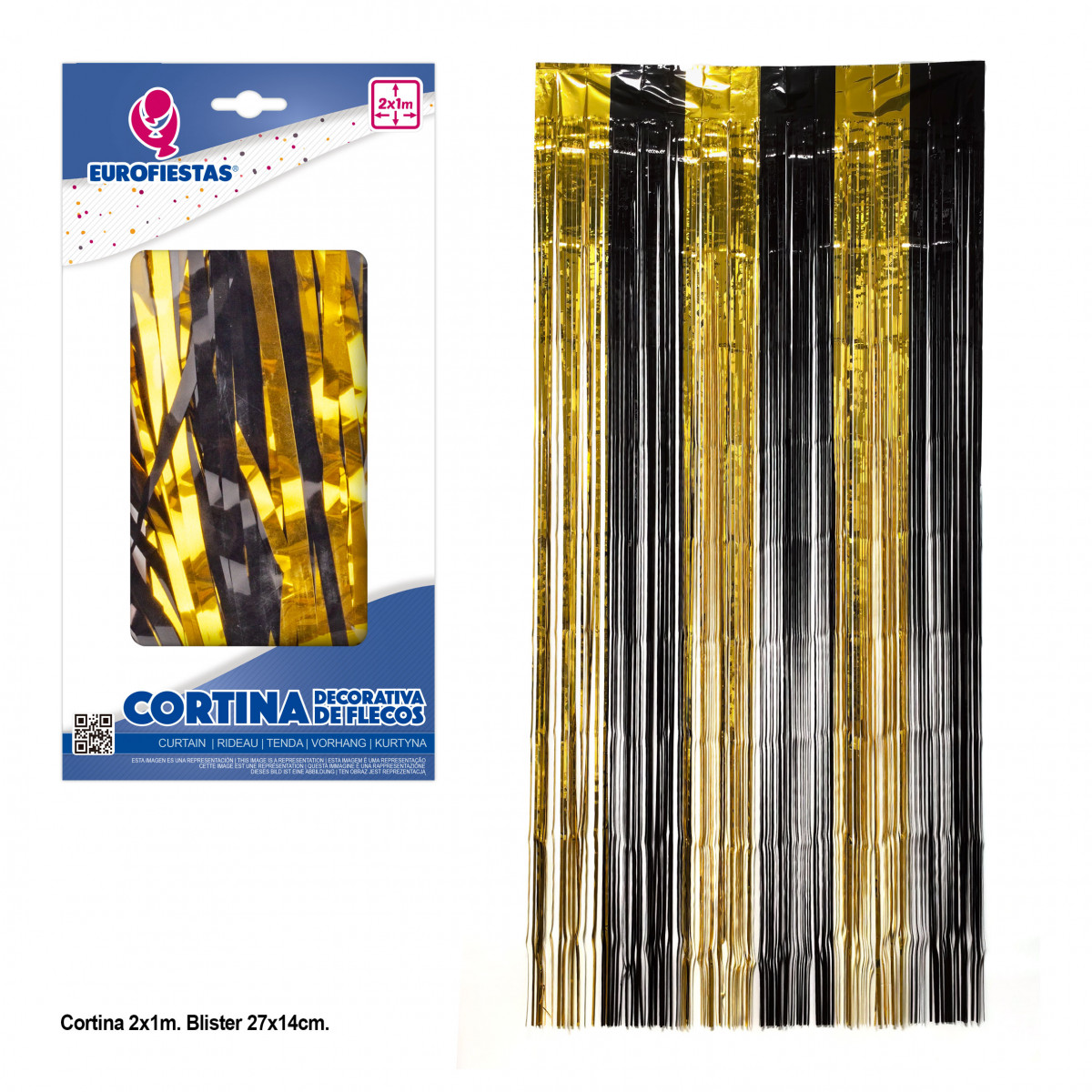 Cortina decorativa de franjas ouro e preto 2x1m