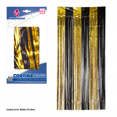 Cortina decorativa de franjas ouro e preto 2x1m