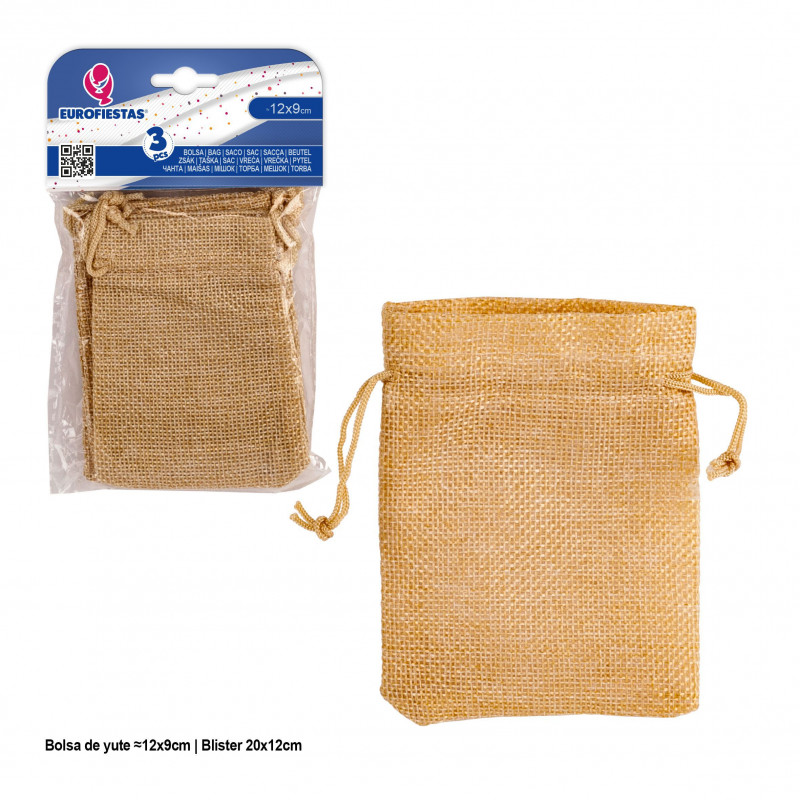 Bolsas de juta bege 3 unidades tamanho 12x9cm