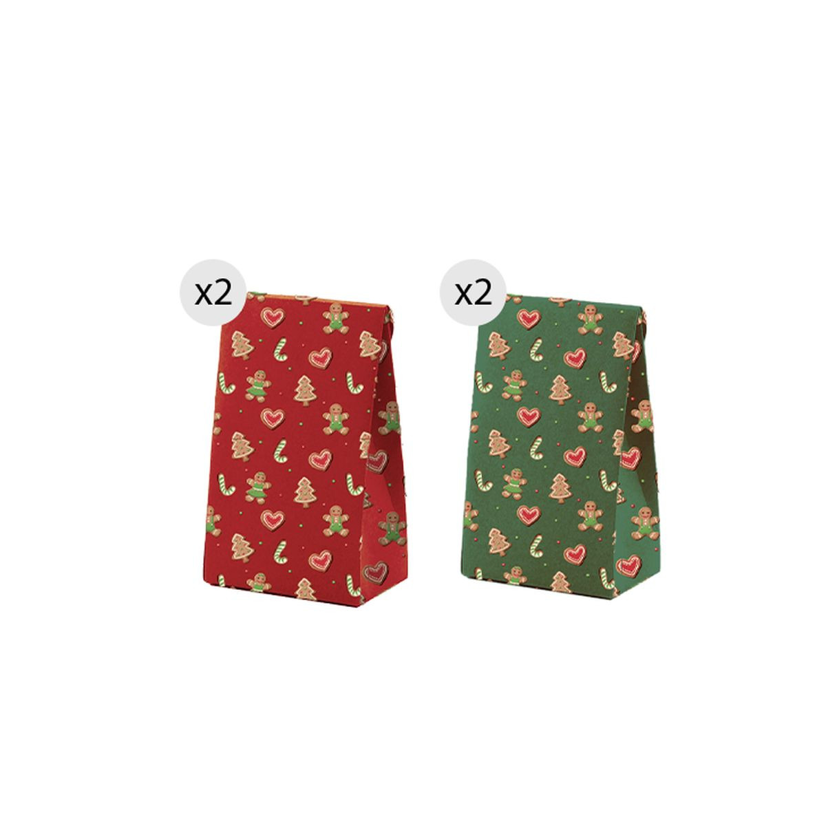 Bolsas para o Natal 4 unidades 11.5x14cm verde e vermelho com motivos
