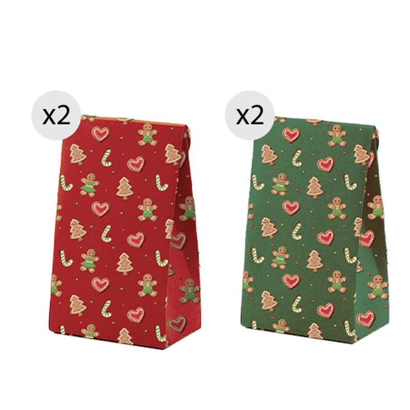 Bolsas para o Natal 4 unidades 11.5x14cm verde e vermelho com motivos